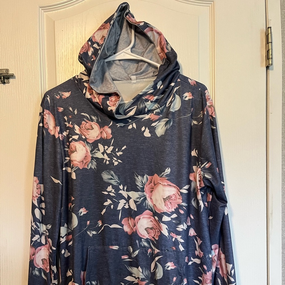 Blue Hoodie with Rose Pattern